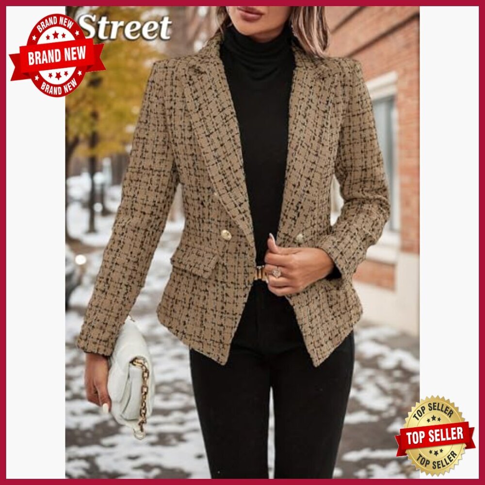 Petite Tweed Blazer Double Breasted Fully Lined Work Casual Jacket with Pockets - Picture 5 of 5